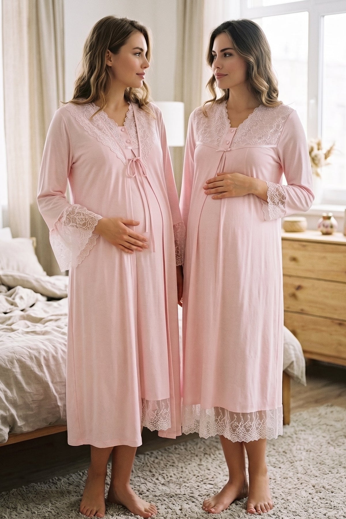 Lace Trim 2-Piece Maternity Feeding Nightgown & Robe Set Pink - T7045