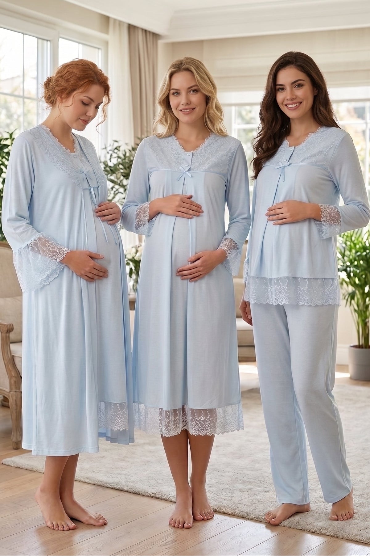 Lace Trim 4-Piece Maternity Feeding Set Blue - T7046