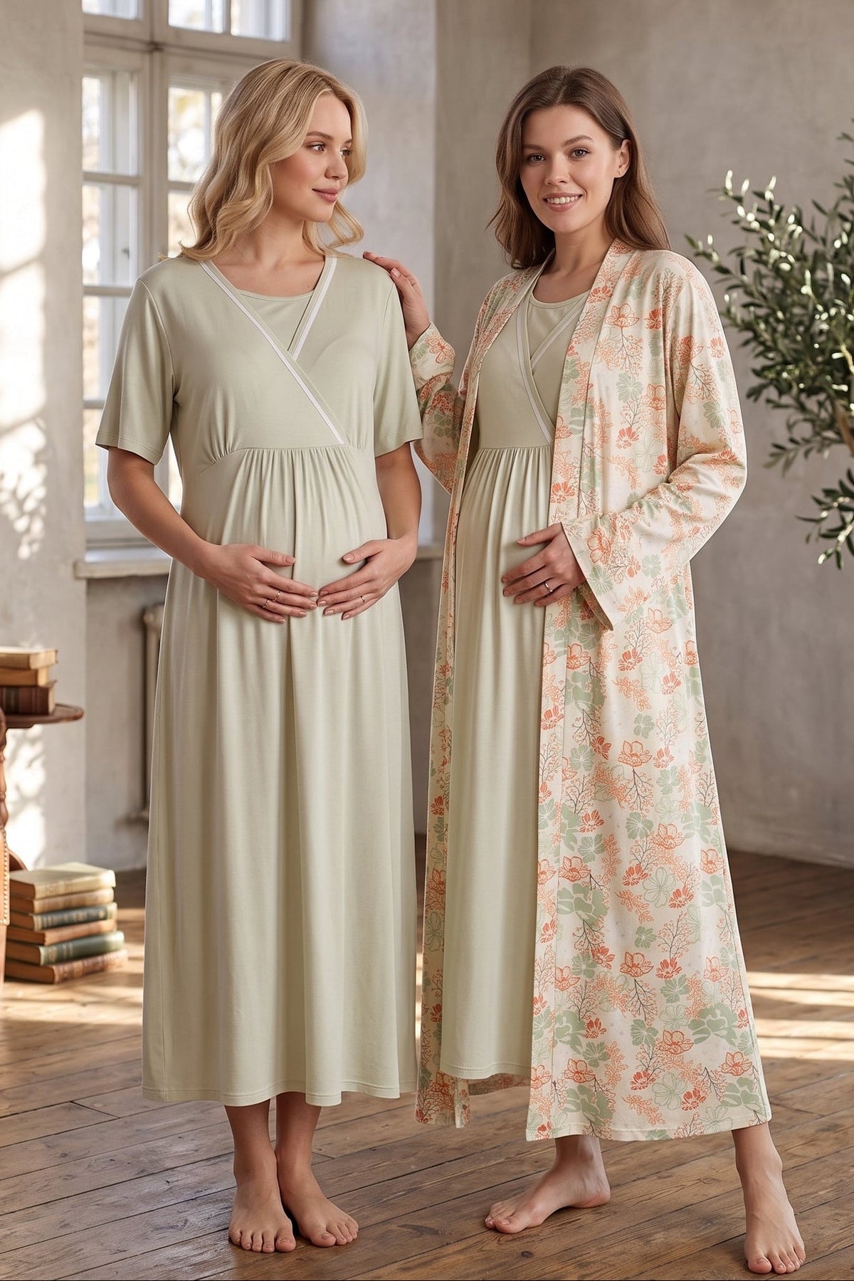 Bias Double Breasted Maternity Feeding-Friendly Nightgown & Patterned Robe Set Green - L704