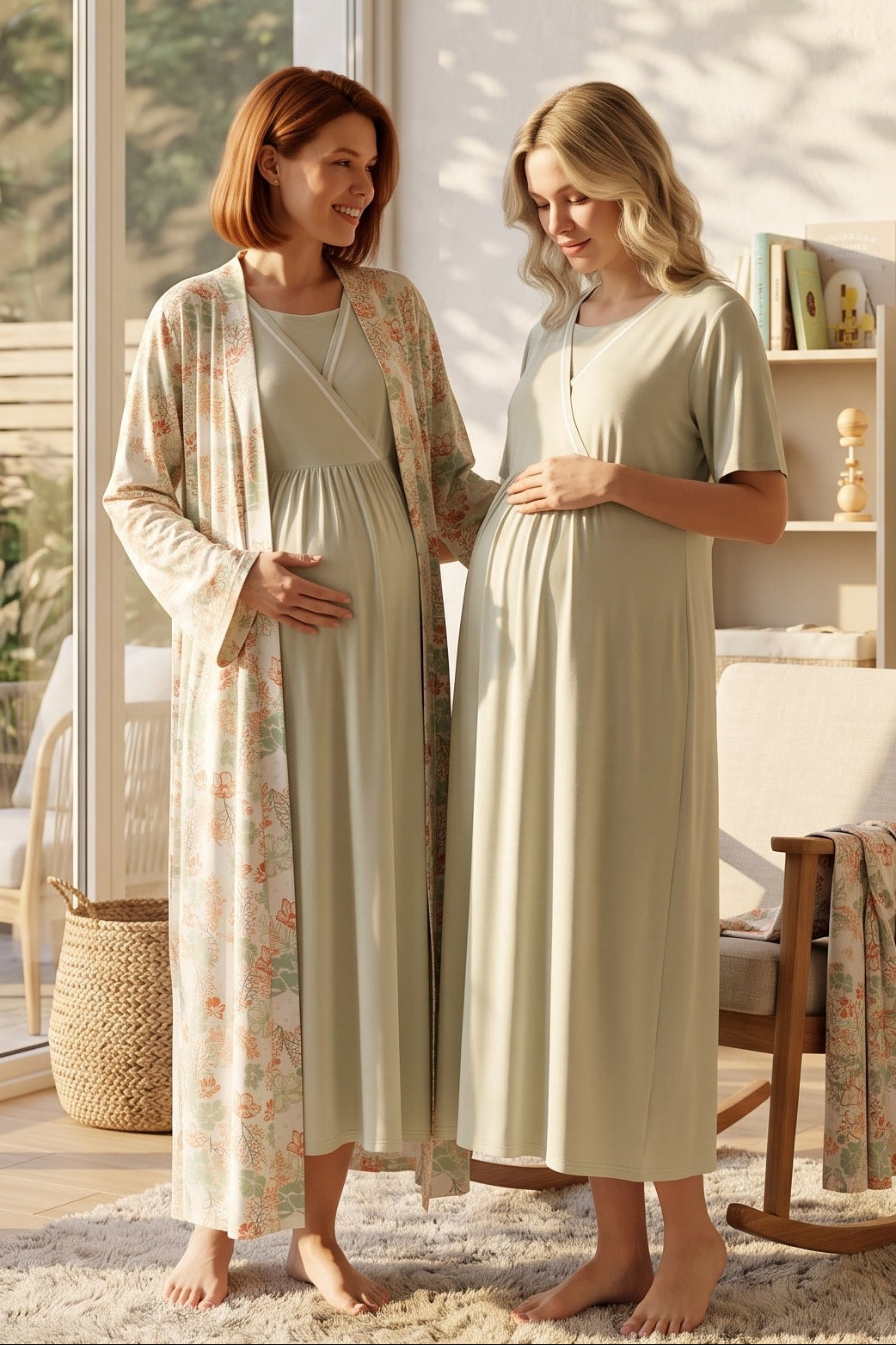 Bias Double Breasted Maternity Feeding-Friendly Nightgown & Patterned Robe Set Green - L704