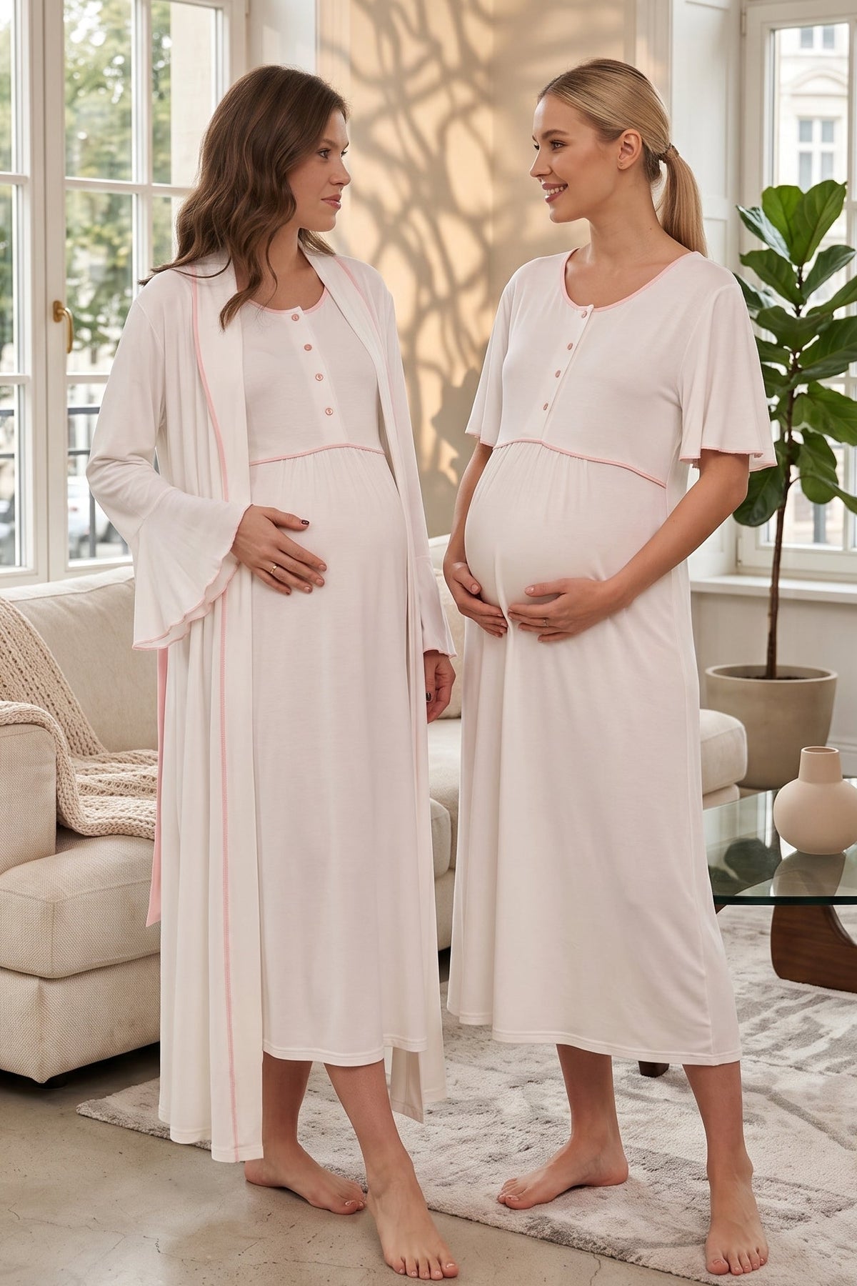 Pink Bias Maternity Feeding-Friendly Nightgown & Flywheel Arm Robe Set Ecru - L706