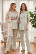 Bias Double Breasted 3-Piece Maternity Feeding-Friendly Pajama & Patterned Robe Set Green - L713