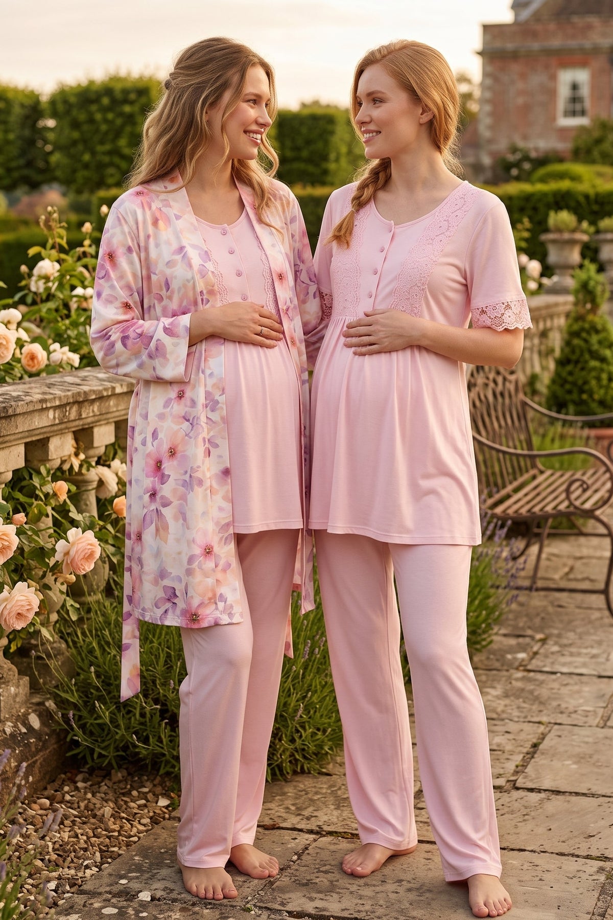 Lace Sleeve 3-Piece Maternity Feeding-Friendly Pajama & Patterned Robe Set Pink - L715