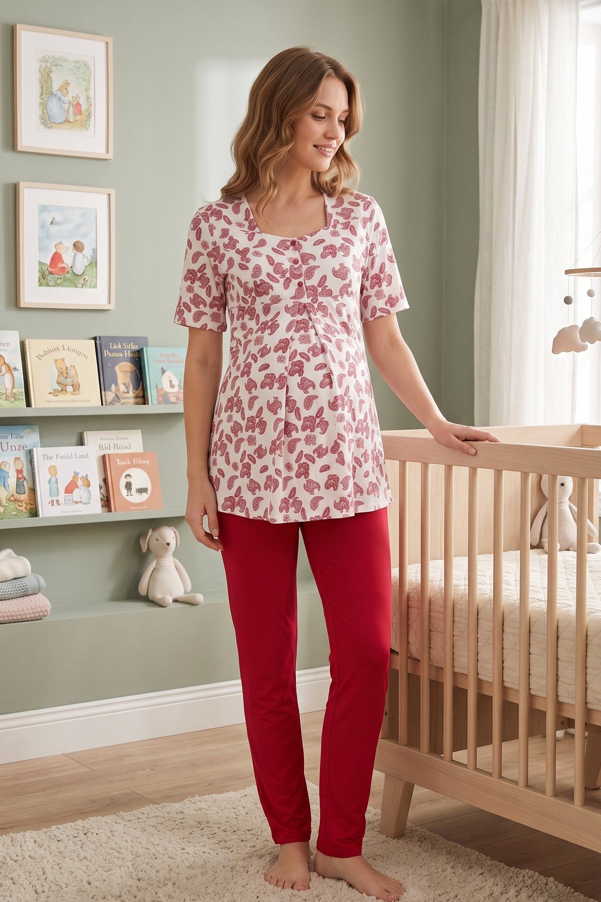 Patterned Maternity Feeding-Friendly Pajama Set Cherry - T8012