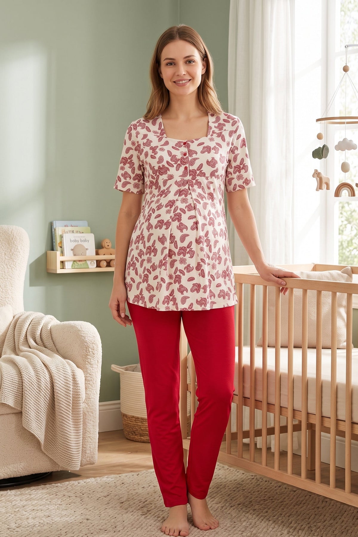 Patterned Maternity Feeding-Friendly Pajama Set Cherry - T8012