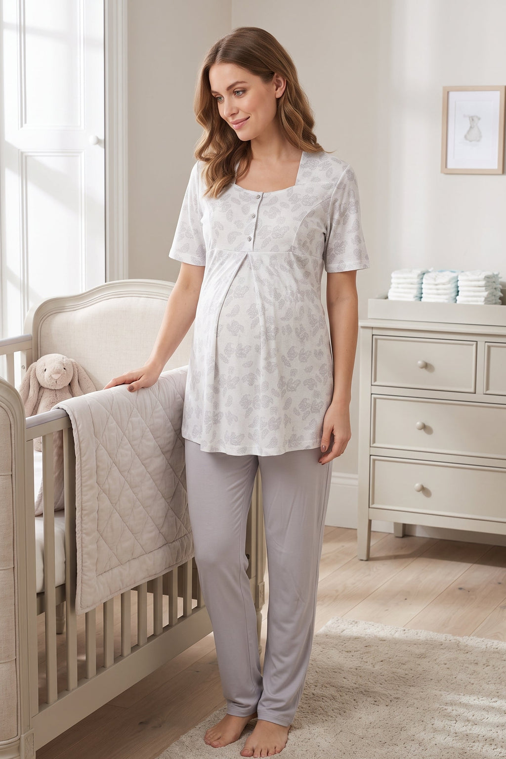 Patterned Maternity Feeding-Friendly Pajama Set Grey - T8012