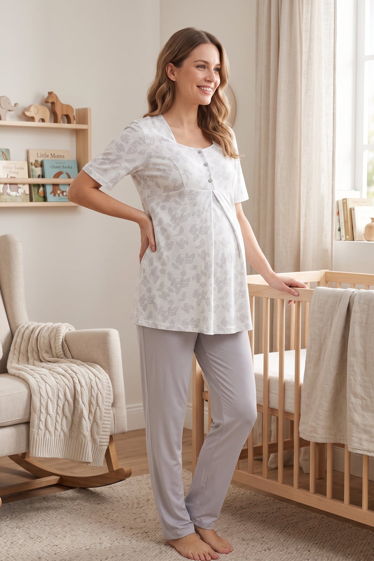 Patterned Maternity Feeding-Friendly Pajama Set Grey - T8012
