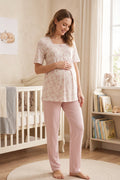 Patterned Maternity Feeding-Friendly Pajama Set Pink - T8012