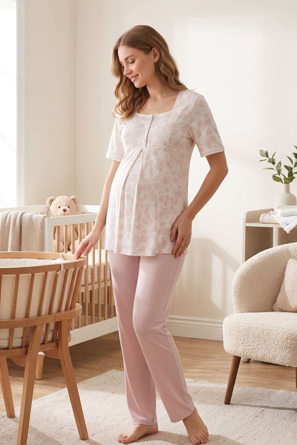 Patterned Maternity Feeding-Friendly Pajama Set Pink - T8012