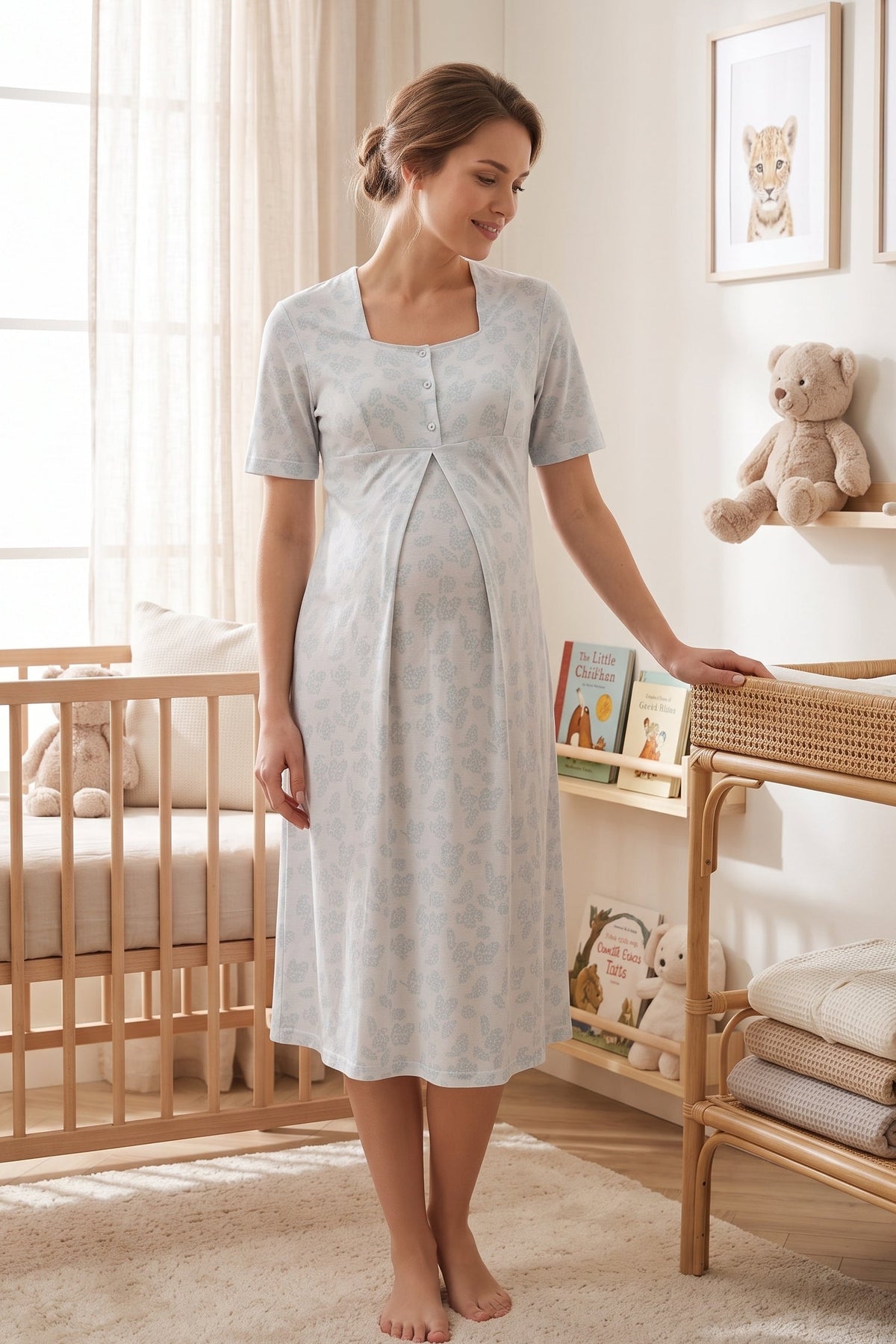 Patterned Maternity Feeding-Friendly Nightgown Blue - T8013