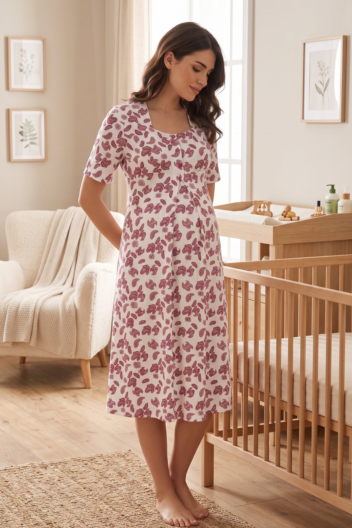 Patterned Maternity Feeding-Friendly Nightgown Cherry - T8013