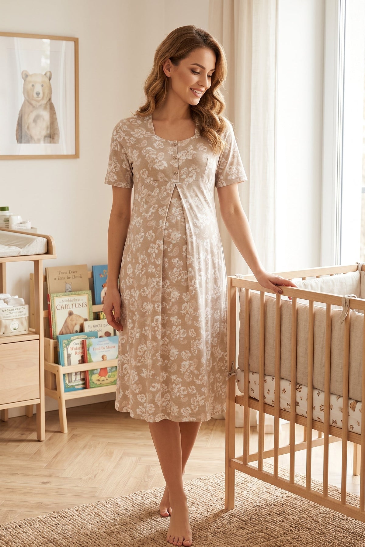 Patterned Maternity Feeding-Friendly Nightgown Pink - T8013