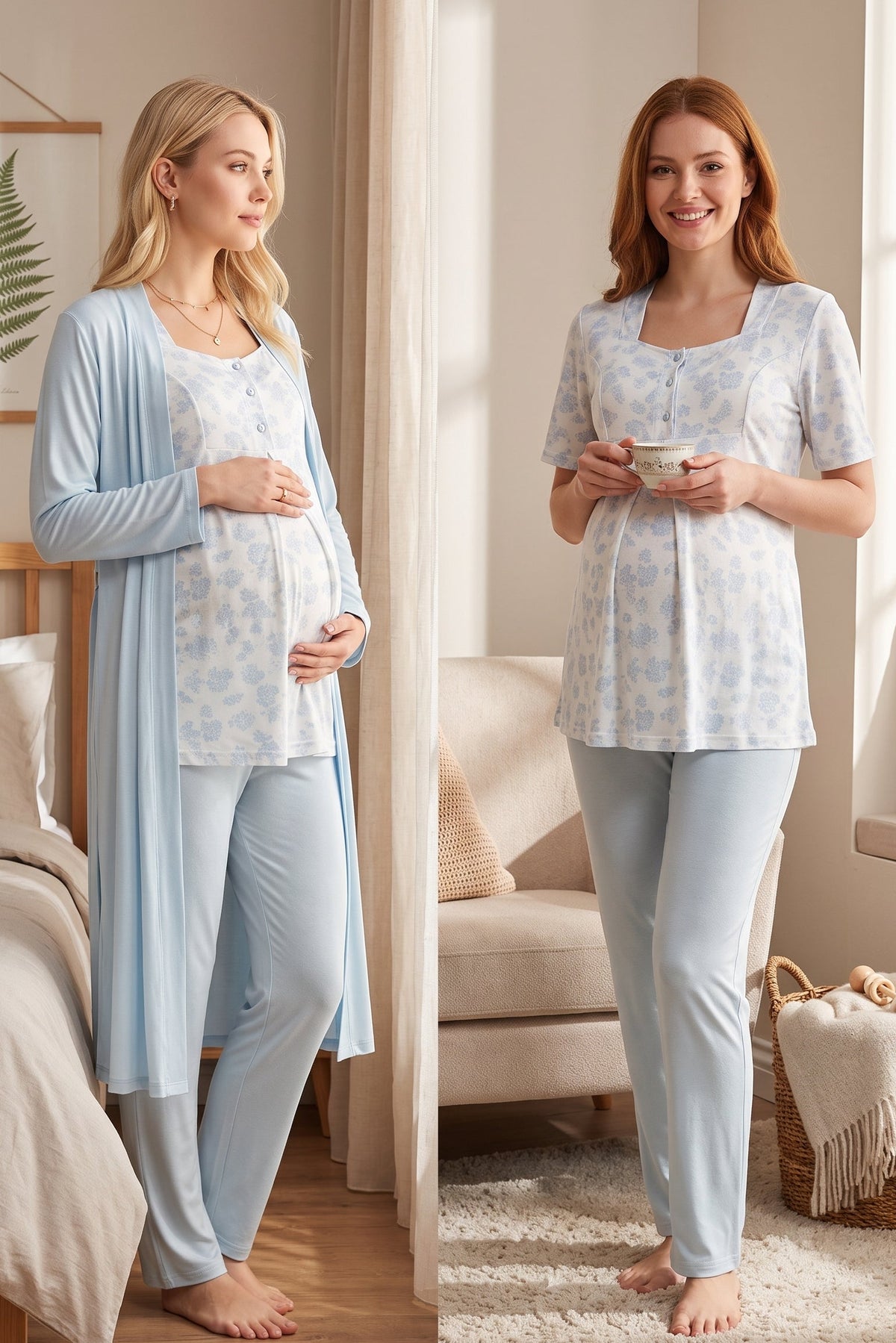Patterned 3-Piece Maternity Feeding-Friendly Pajama & Robe Set Blue - T8014