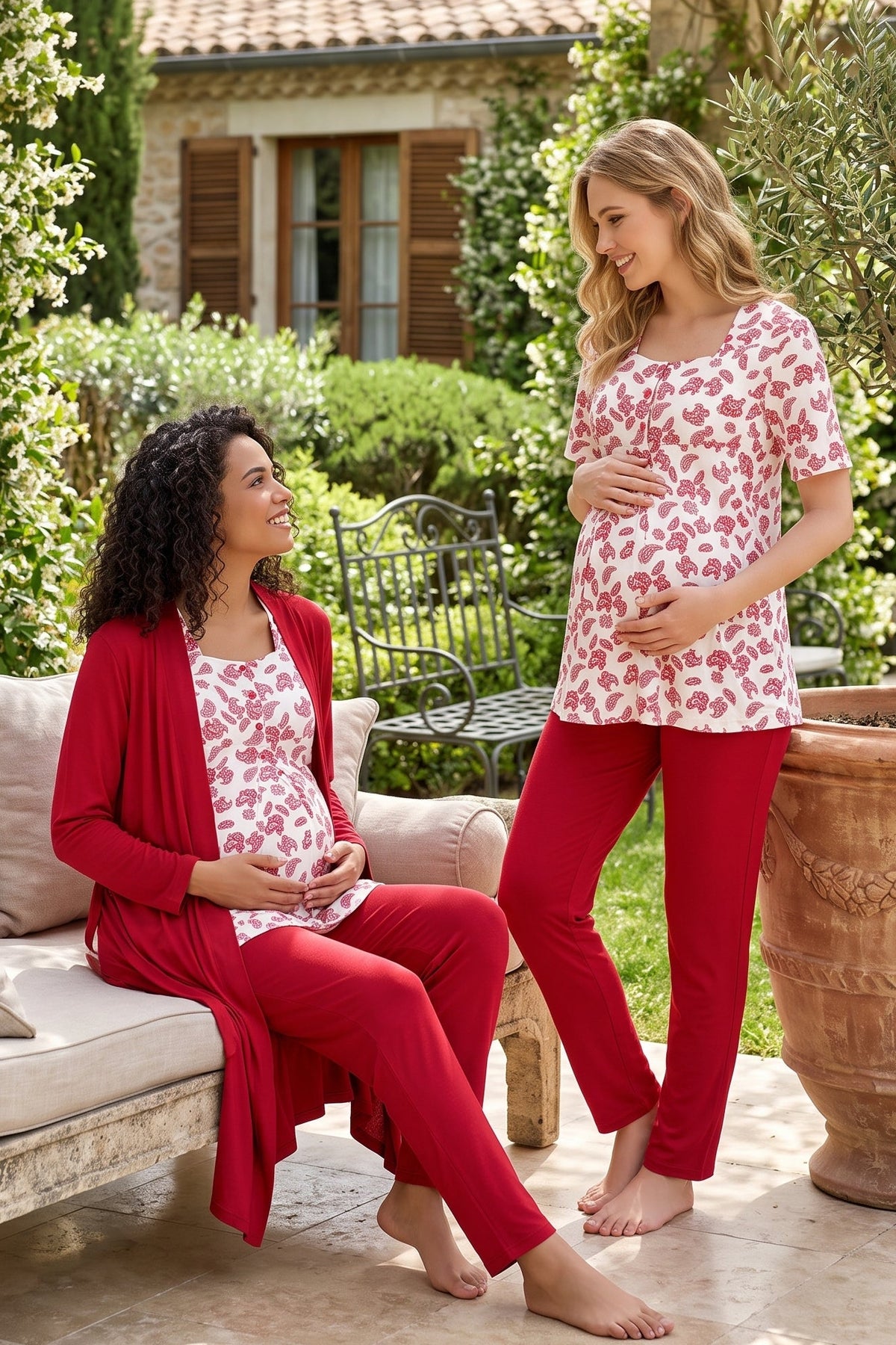 Patterned 3-Piece Maternity Feeding-Friendly Pajama & Robe Set Cherry - T8014