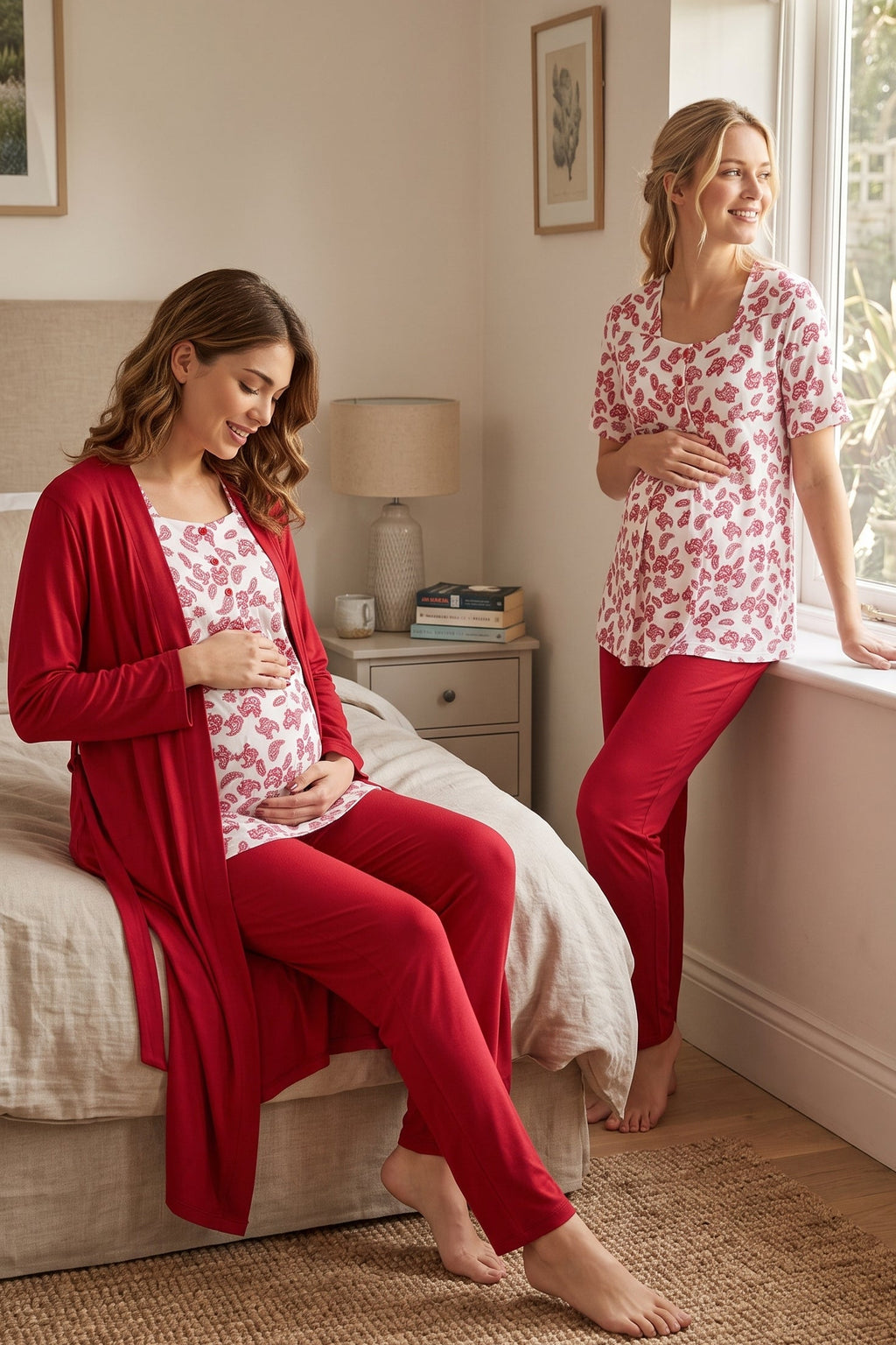 Patterned 3-Piece Maternity Feeding-Friendly Pajama & Robe Set Cherry - T8014