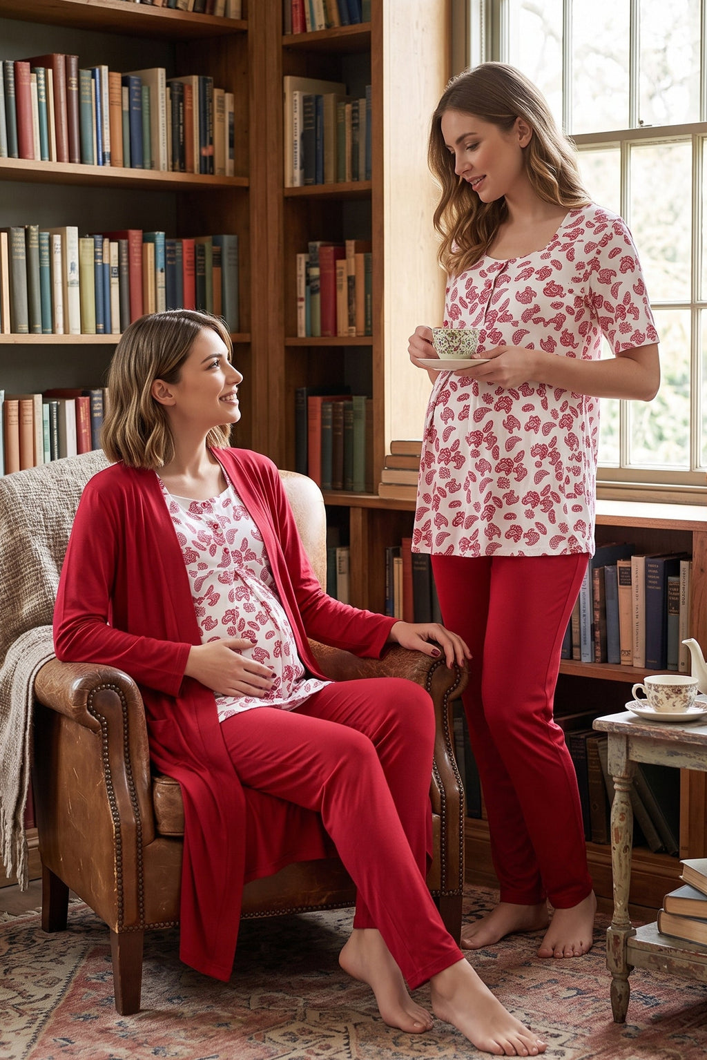 Patterned 3-Piece Maternity Feeding-Friendly Pajama & Robe Set Cherry - T8014