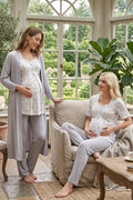 Patterned 3-Piece Maternity Feeding-Friendly Pajama & Robe Set Grey - T8014