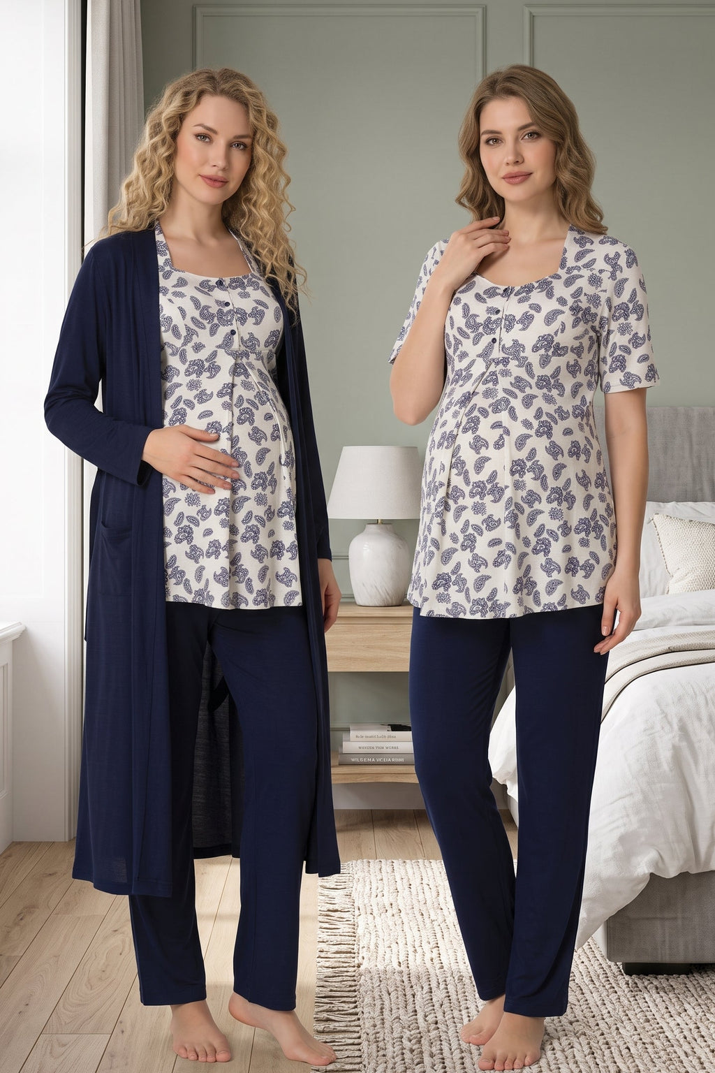 Patterned 3-Piece Maternity Feeding-Friendly Pajama & Robe Set Navy Blue - T8014