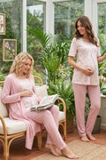 Patterned 3-Piece Maternity Feeding-Friendly Pajama & Robe Set Pink - T8014