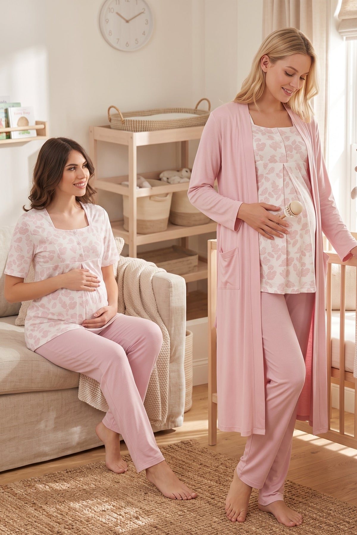 Patterned 3-Piece Maternity Feeding-Friendly Pajama & Robe Set Pink - T8014