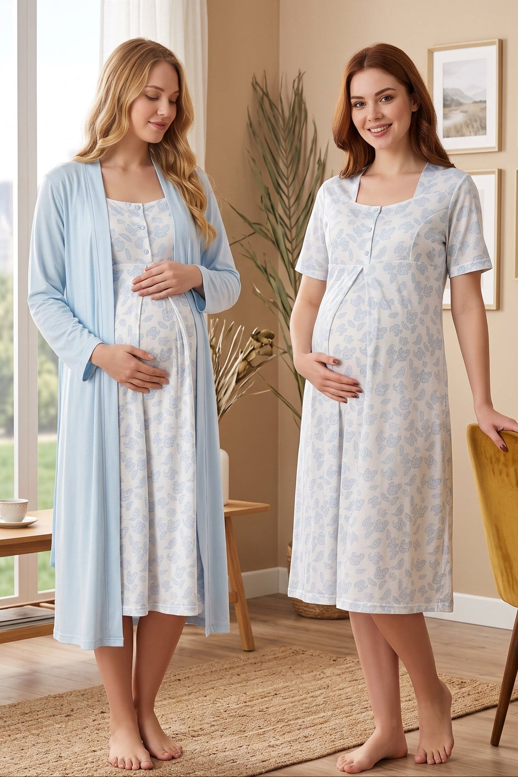 Patterned Maternity Feeding-Friendly Nightgown & Robe Set Blue - T8015