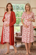 Patterned Maternity Feeding-Friendly Nightgown & Robe Set Cherry - T8015