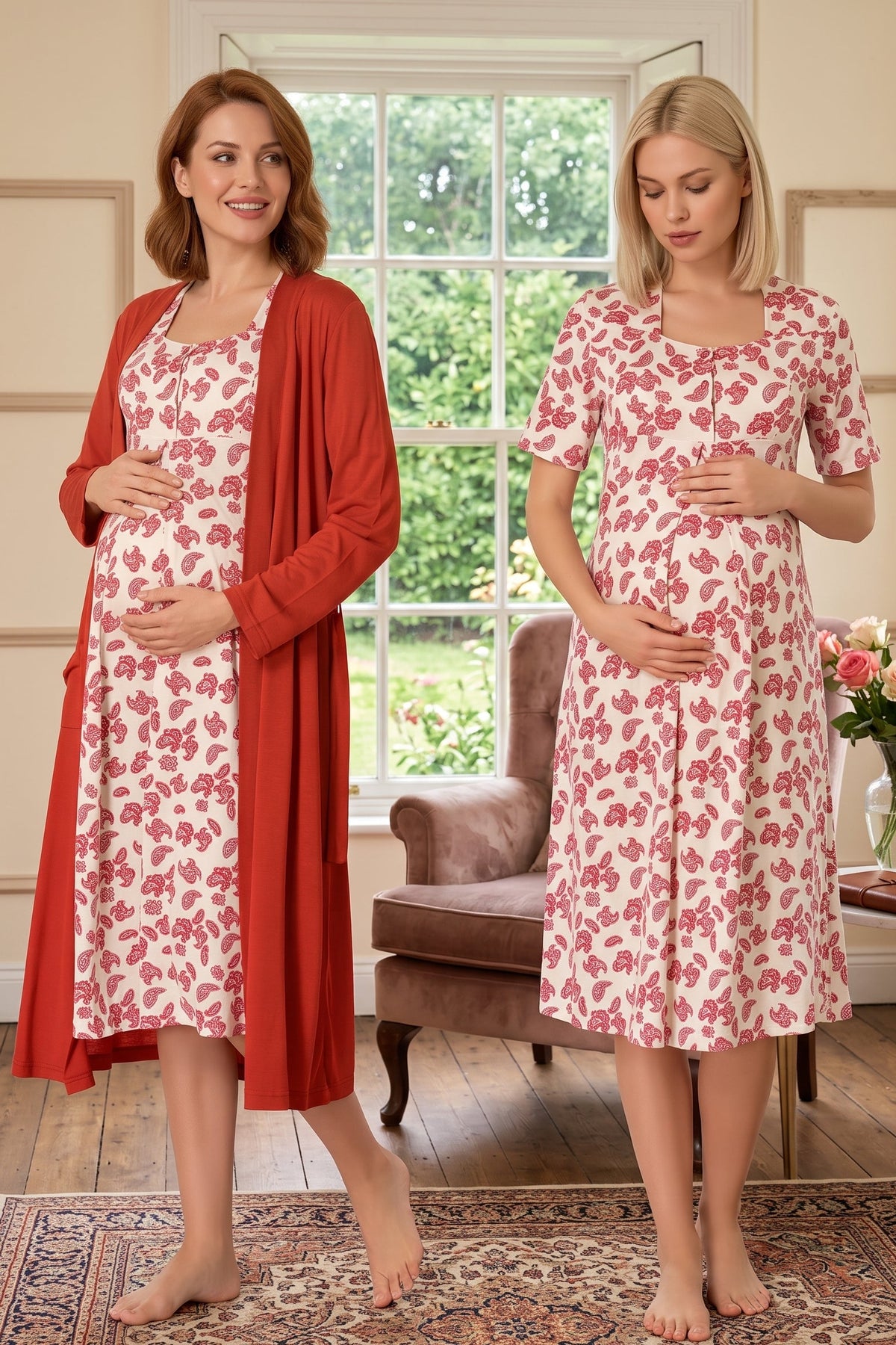 Patterned Maternity Feeding-Friendly Nightgown & Robe Set Cherry - T8015