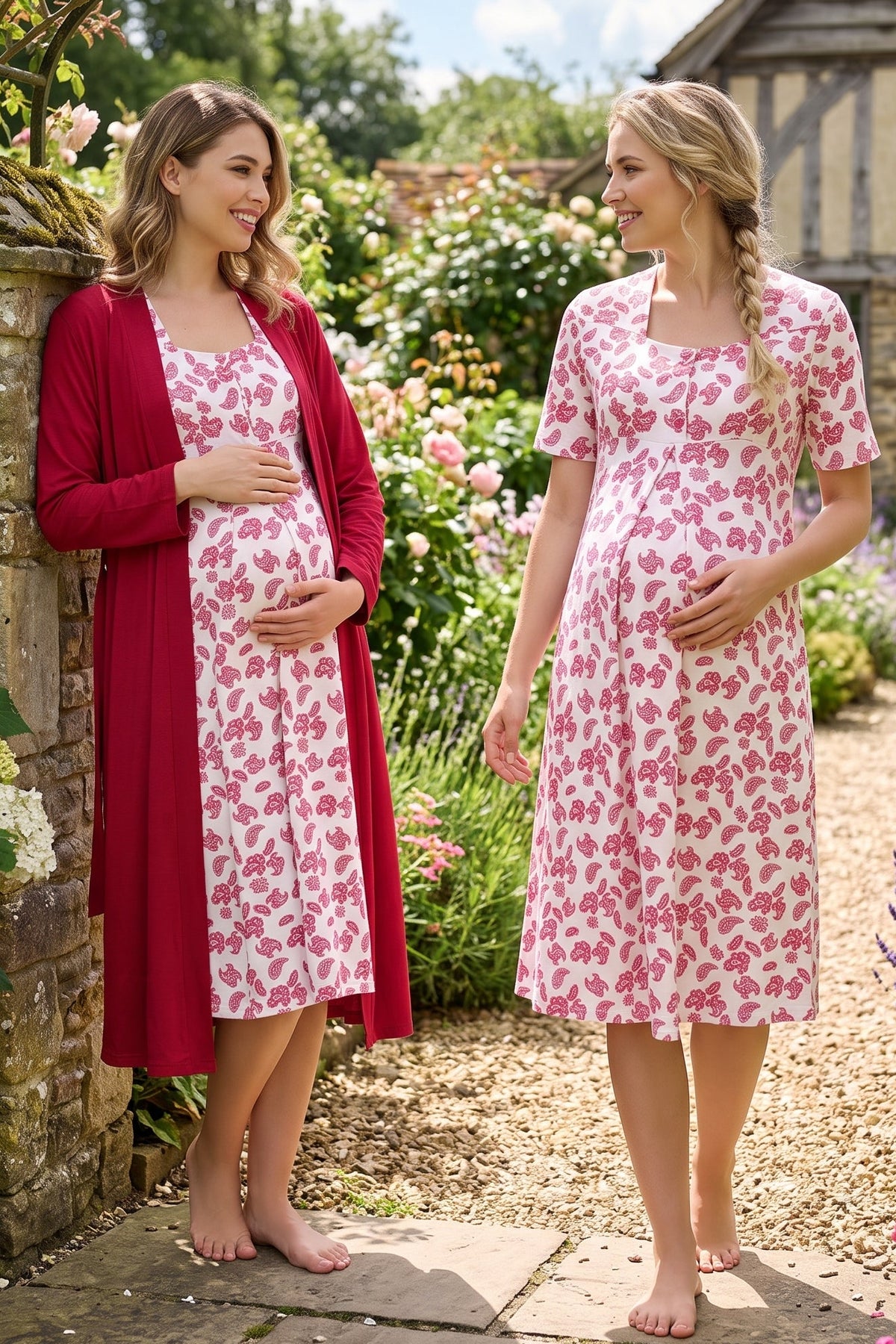 Patterned Maternity Feeding-Friendly Nightgown & Robe Set Cherry - T8015