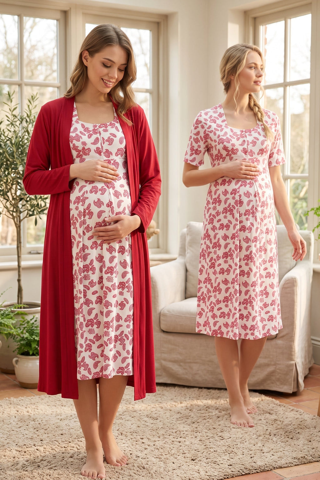 Patterned Maternity Feeding-Friendly Nightgown & Robe Set Cherry - T8015