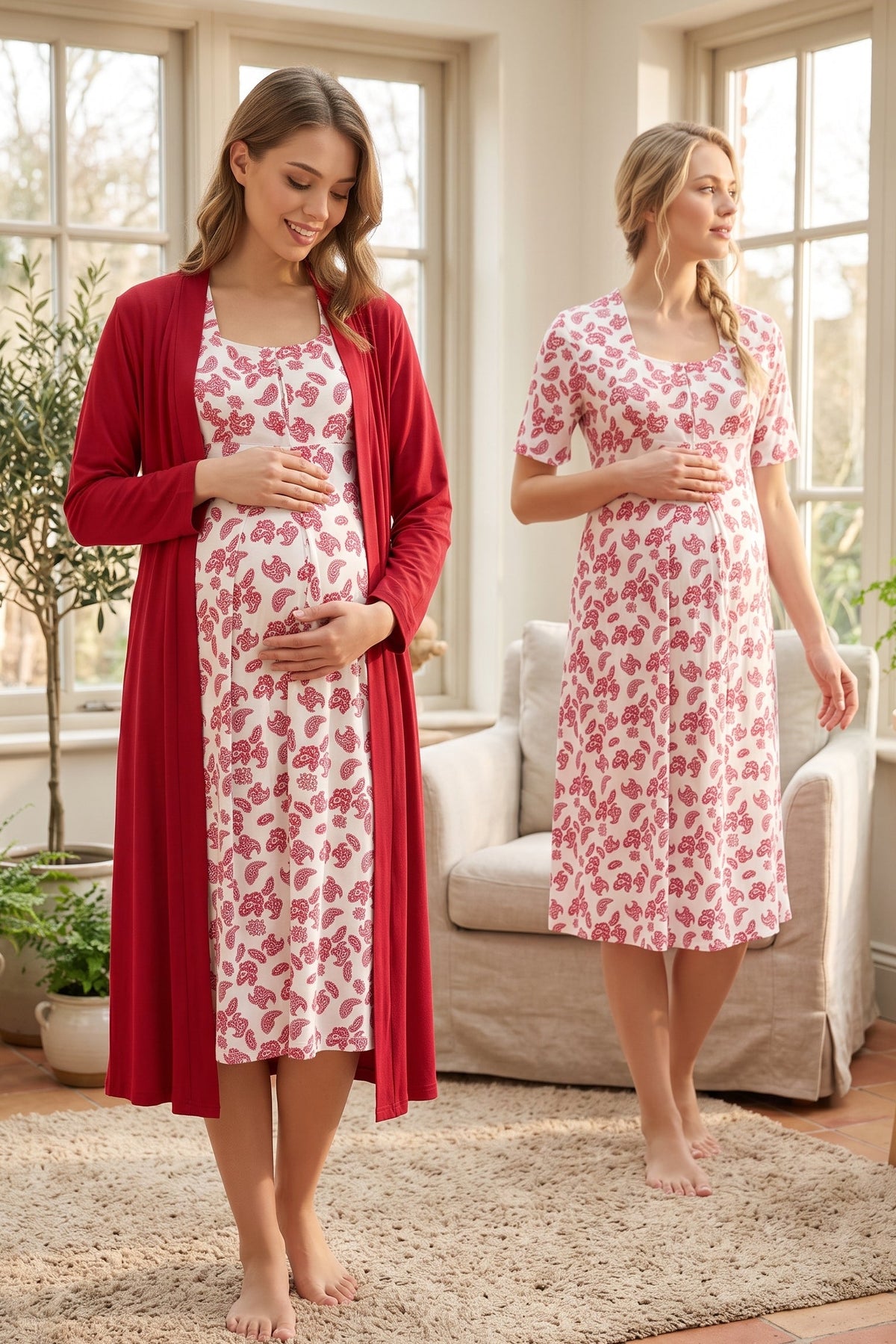 Patterned Maternity Feeding-Friendly Nightgown & Robe Set Cherry - T8015