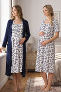 Patterned Maternity Feeding-Friendly Nightgown & Robe Set Navy Blue - T8015