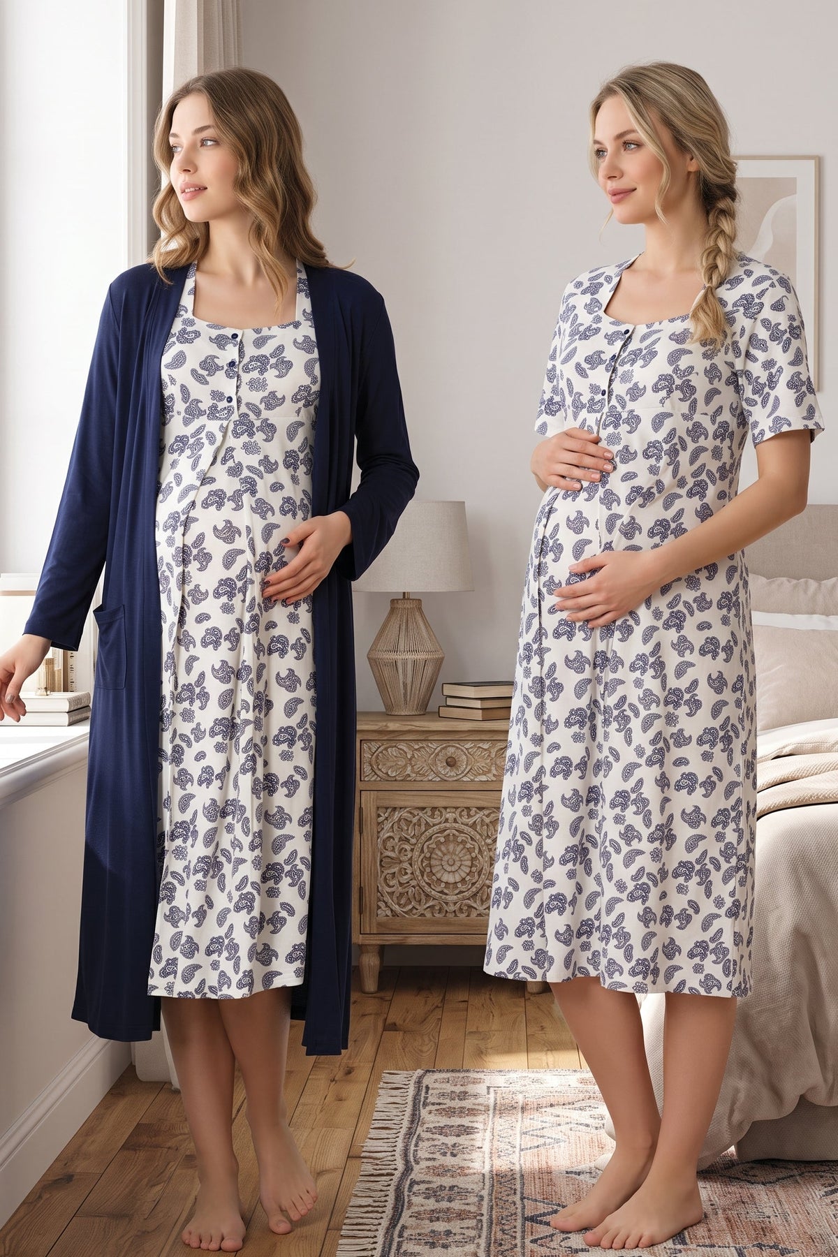Patterned Maternity Feeding-Friendly Nightgown & Robe Set Navy Blue - T8015