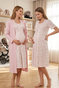 Patterned Maternity Feeding-Friendly Nightgown & Robe Set Pink - T8015