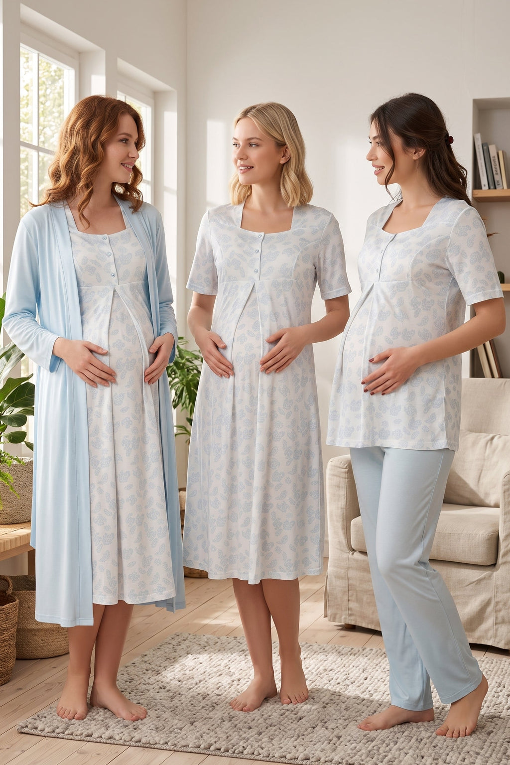 Patterned 4-Piece Maternity Feeding-Friendly Set Blue - T8016