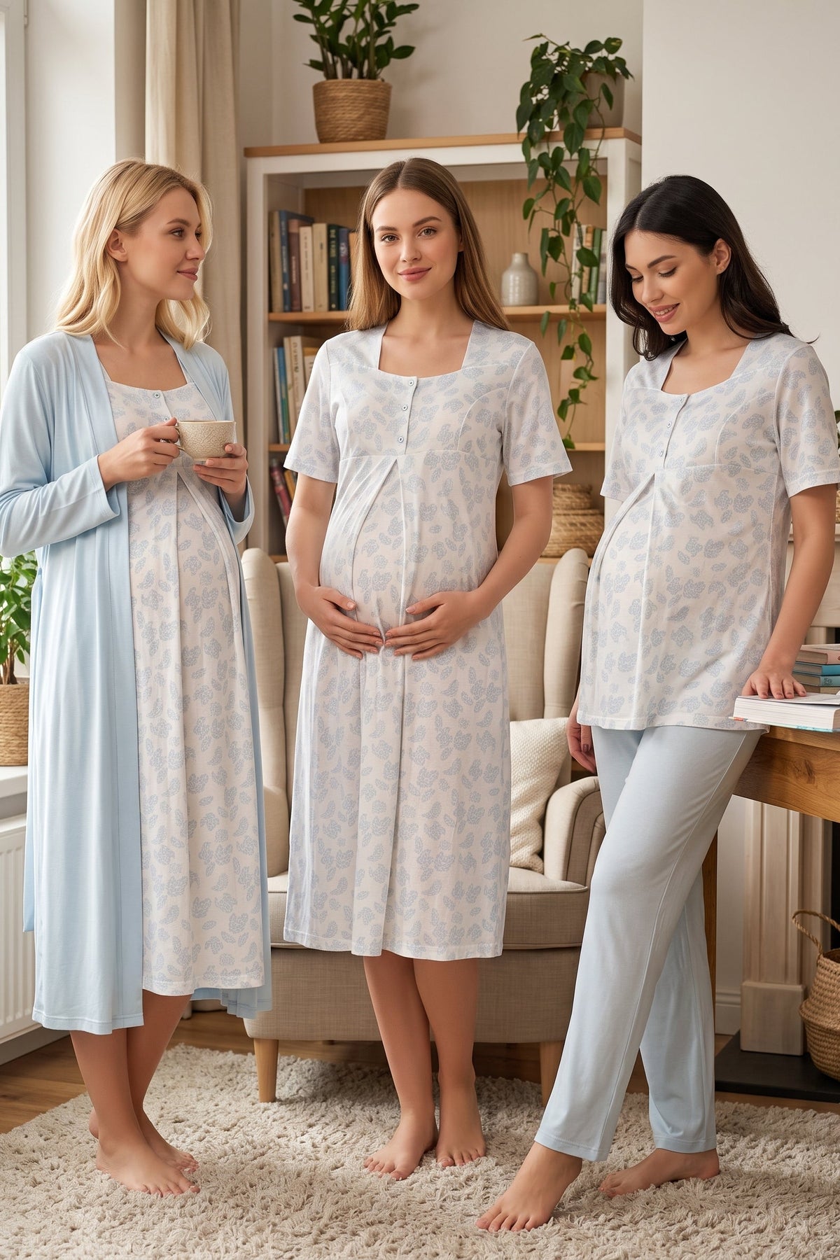 Patterned 4-Piece Maternity Feeding-Friendly Set Blue - T8016