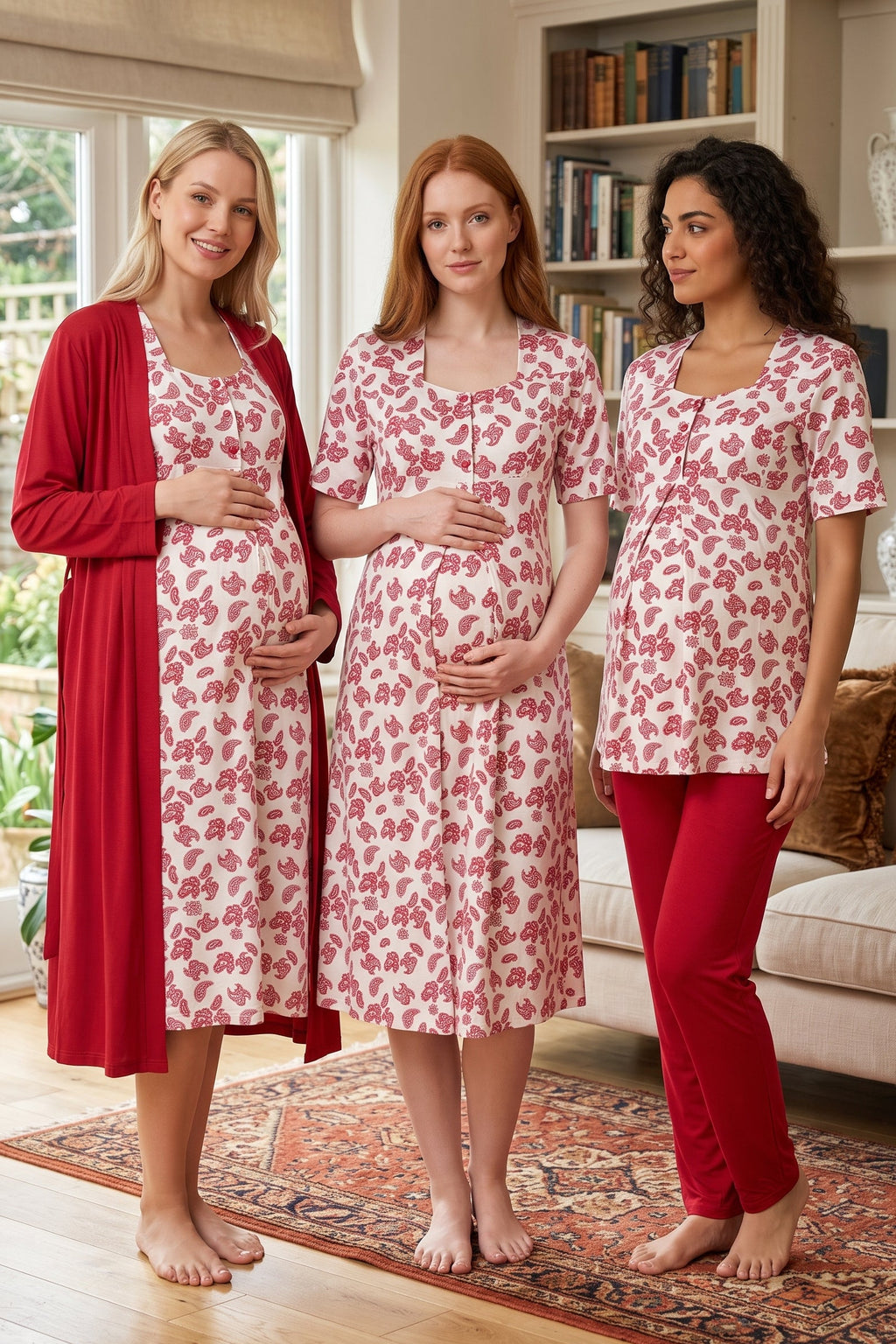 Patterned 4-Piece Maternity Feeding-Friendly Set Cherry - T8016