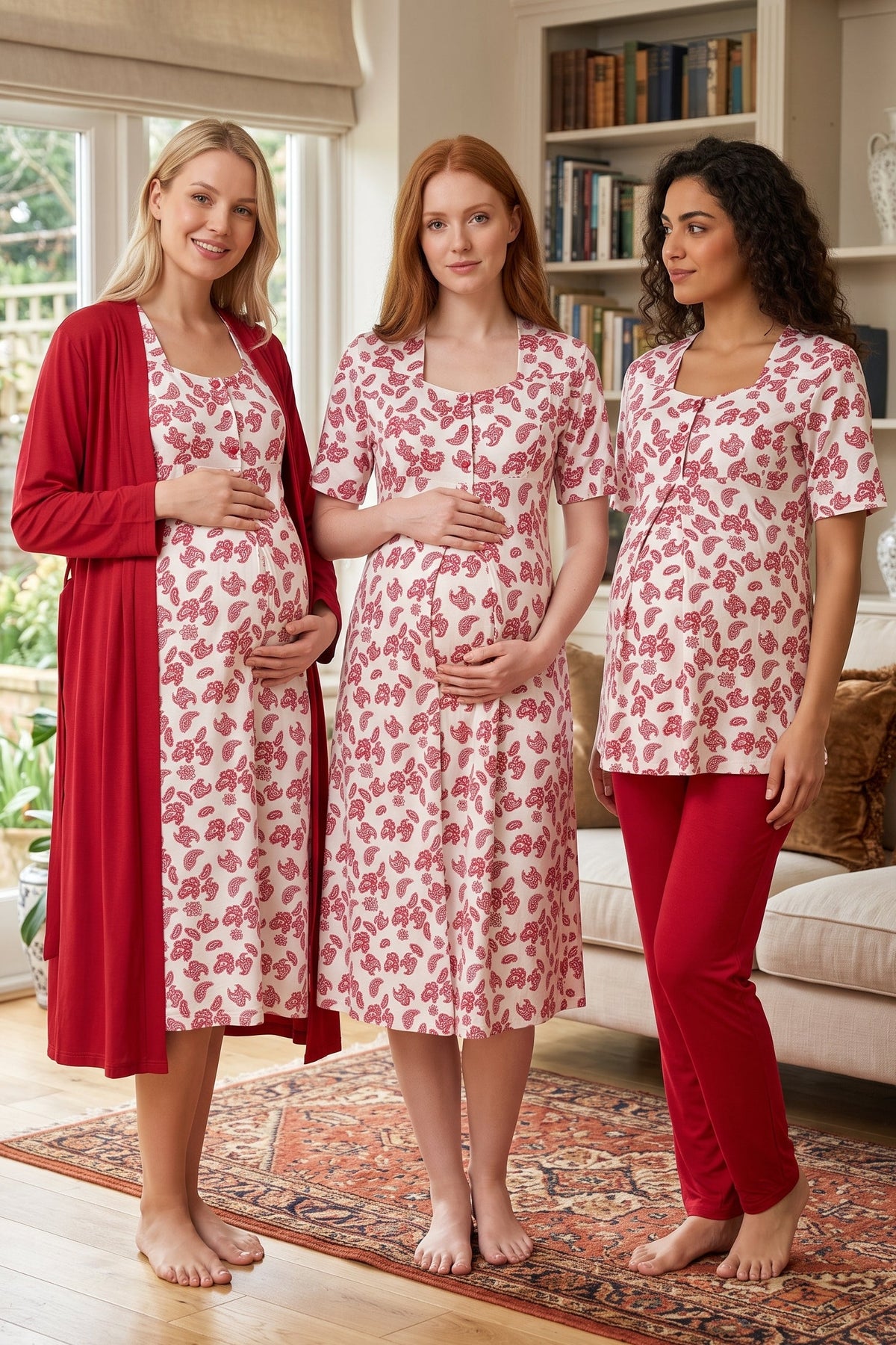 Patterned 4-Piece Maternity Feeding-Friendly Set Cherry - T8016