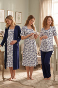 Patterned 4-Piece Maternity Feeding-Friendly Set Navy Blue - T8016