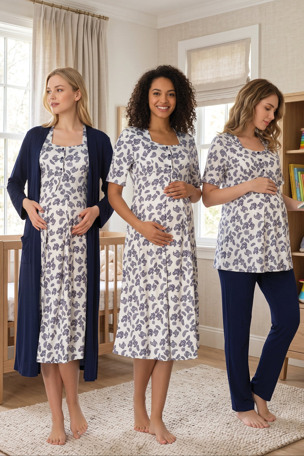 Patterned 4-Piece Maternity Feeding-Friendly Set Navy Blue - T8016