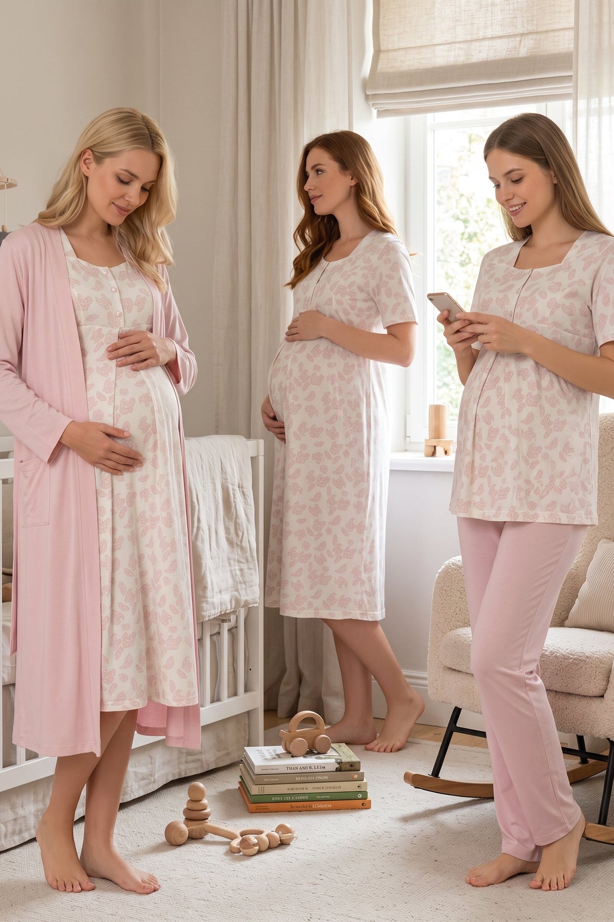 Patterned 4-Piece Maternity Feeding-Friendly Set Pink - T8016