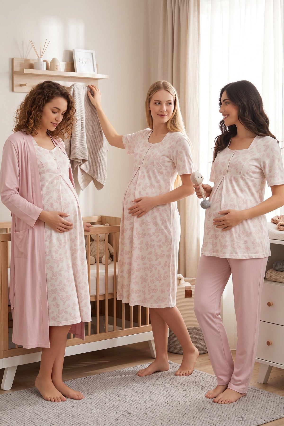 Patterned 4-Piece Maternity Feeding-Friendly Set Pink - T8016