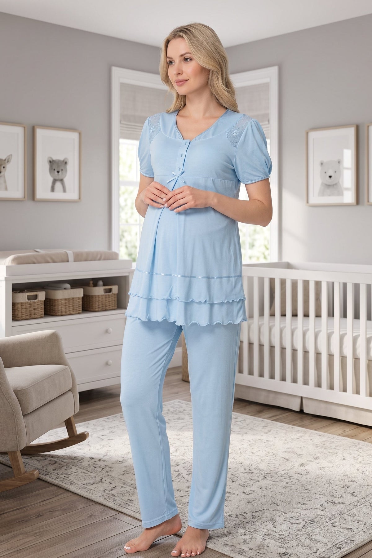 Pleated Embroidery Maternity Feeding-Friendly Pajama Set Blue - T8022