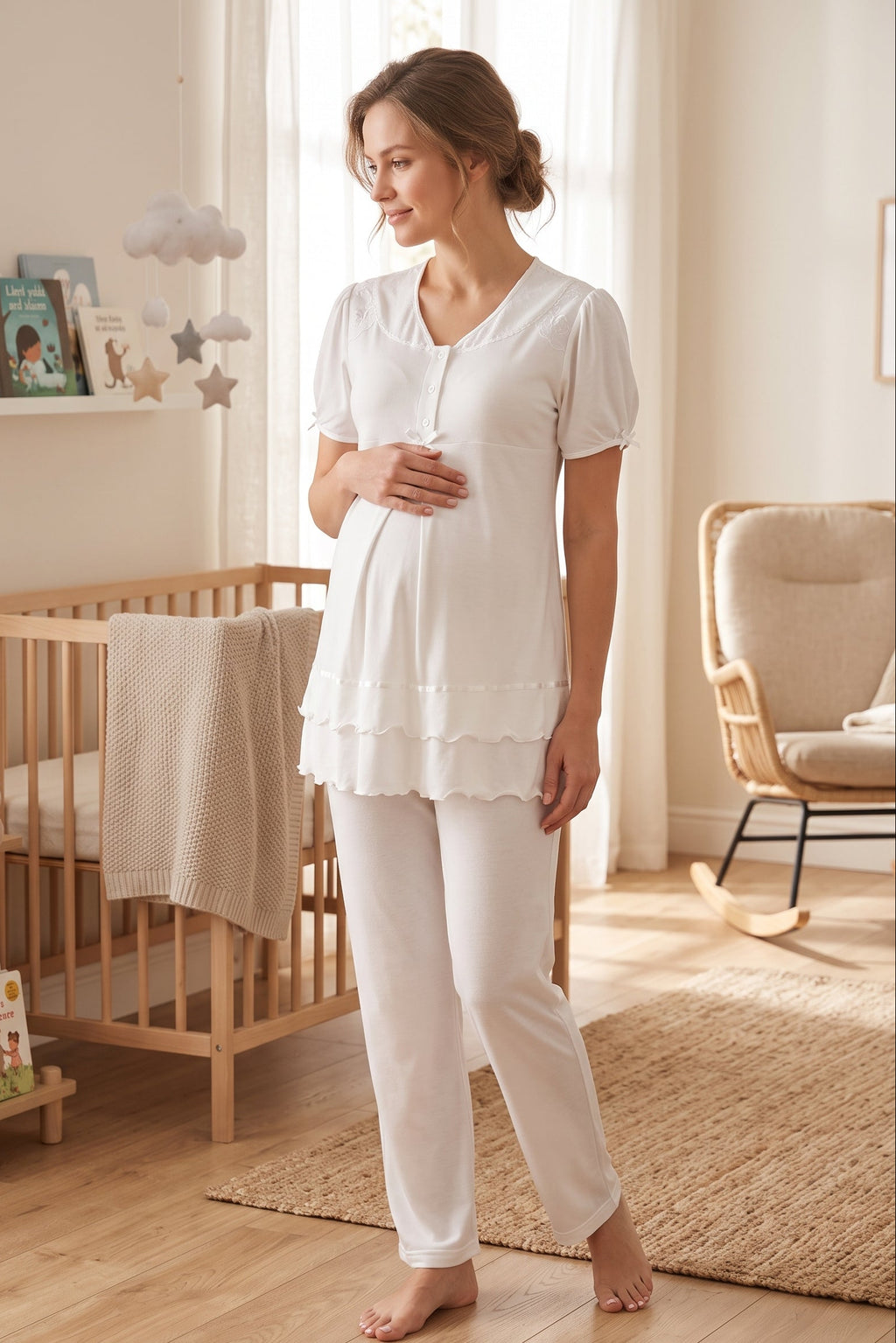 Pleated Embroidery Maternity Feeding-Friendly Pajama Set Ecru - T8022
