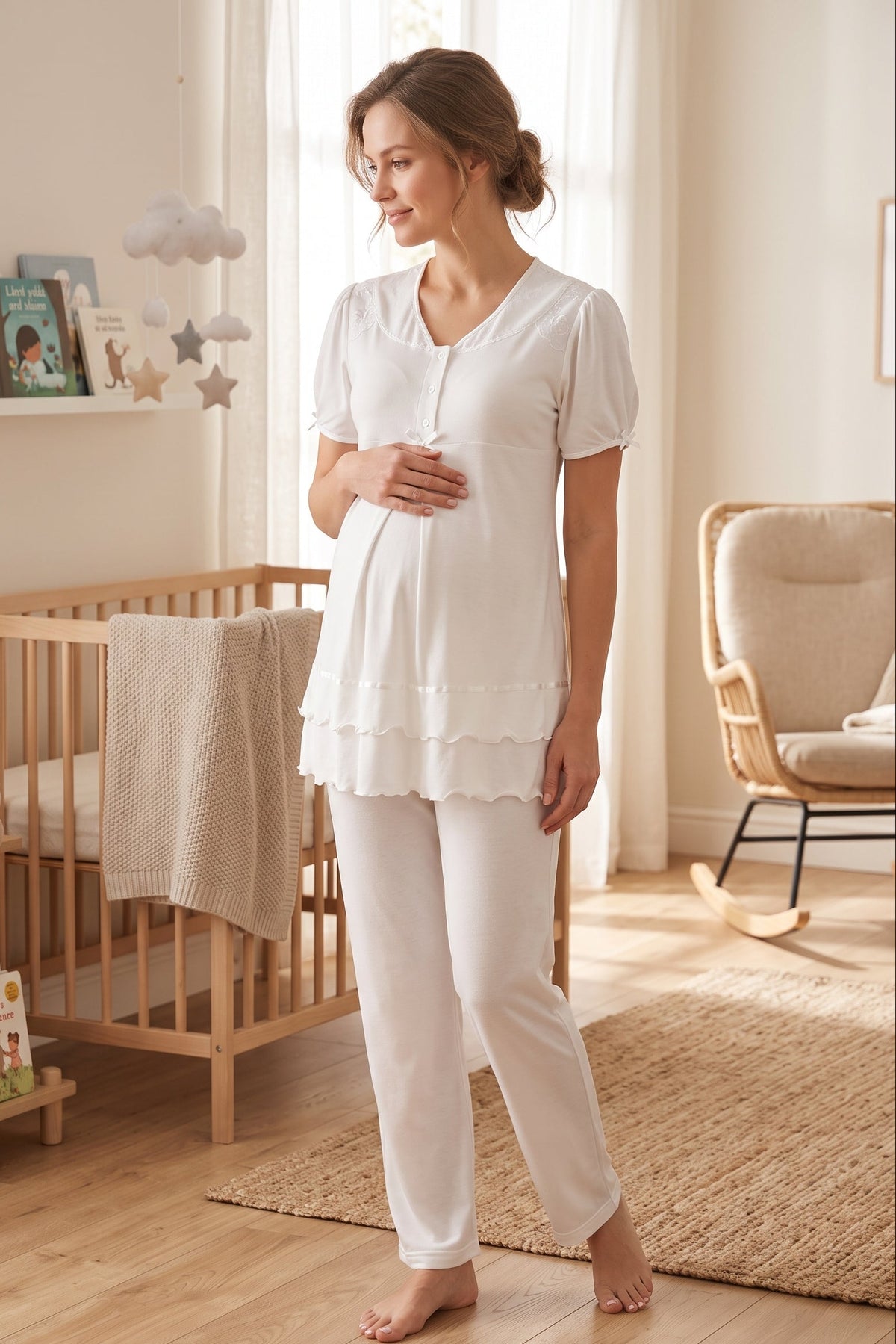 Pleated Embroidery Maternity Feeding-Friendly Pajama Set Ecru - T8022