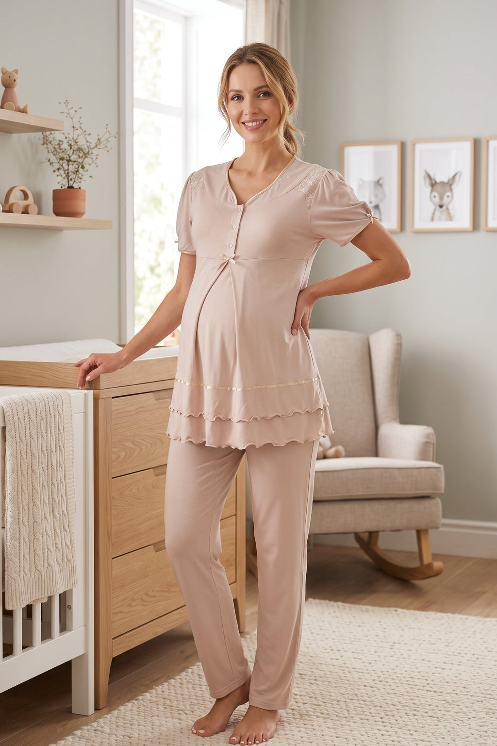Pleated Embroidery Maternity Feeding-Friendly Pajama Set Mink - T8022
