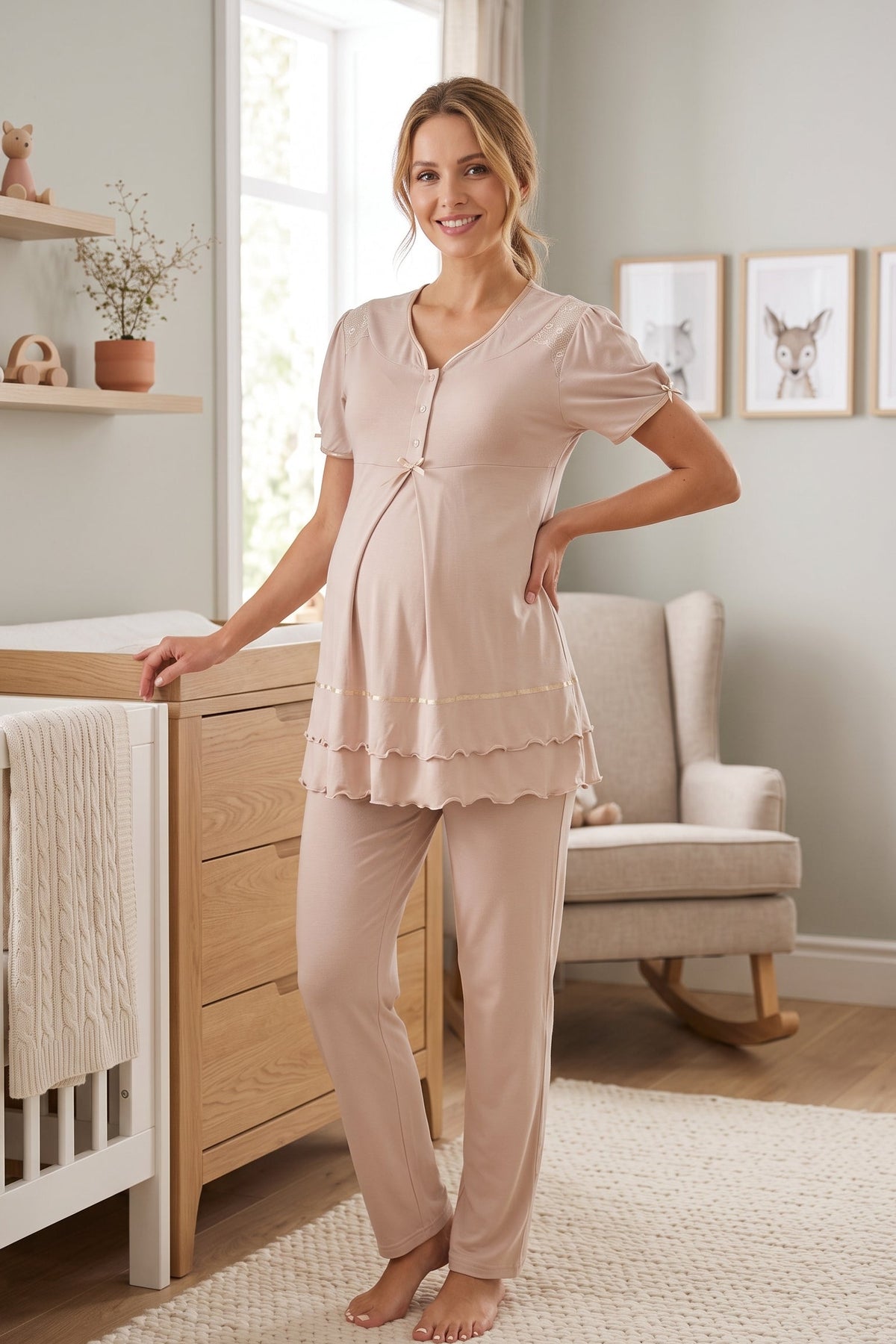 Pleated Embroidery Maternity Feeding-Friendly Pajama Set Mink - T8022
