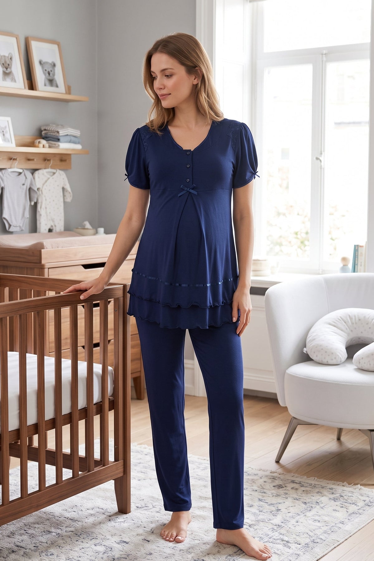 Pleated Embroidery Maternity Feeding-Friendly Pajama Set Navy Blue - T8022