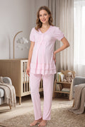 Pleated Embroidery Maternity Feeding-Friendly Pajama Set Pink - T8022