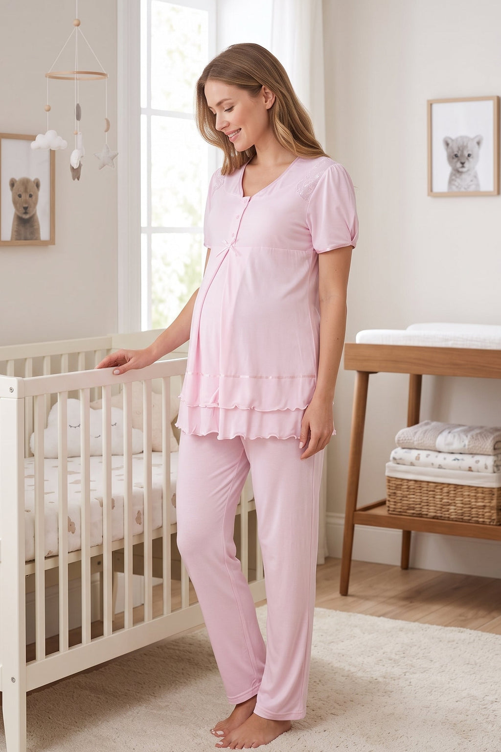 Pleated Embroidery Maternity Feeding-Friendly Pajama Set Pink - T8022