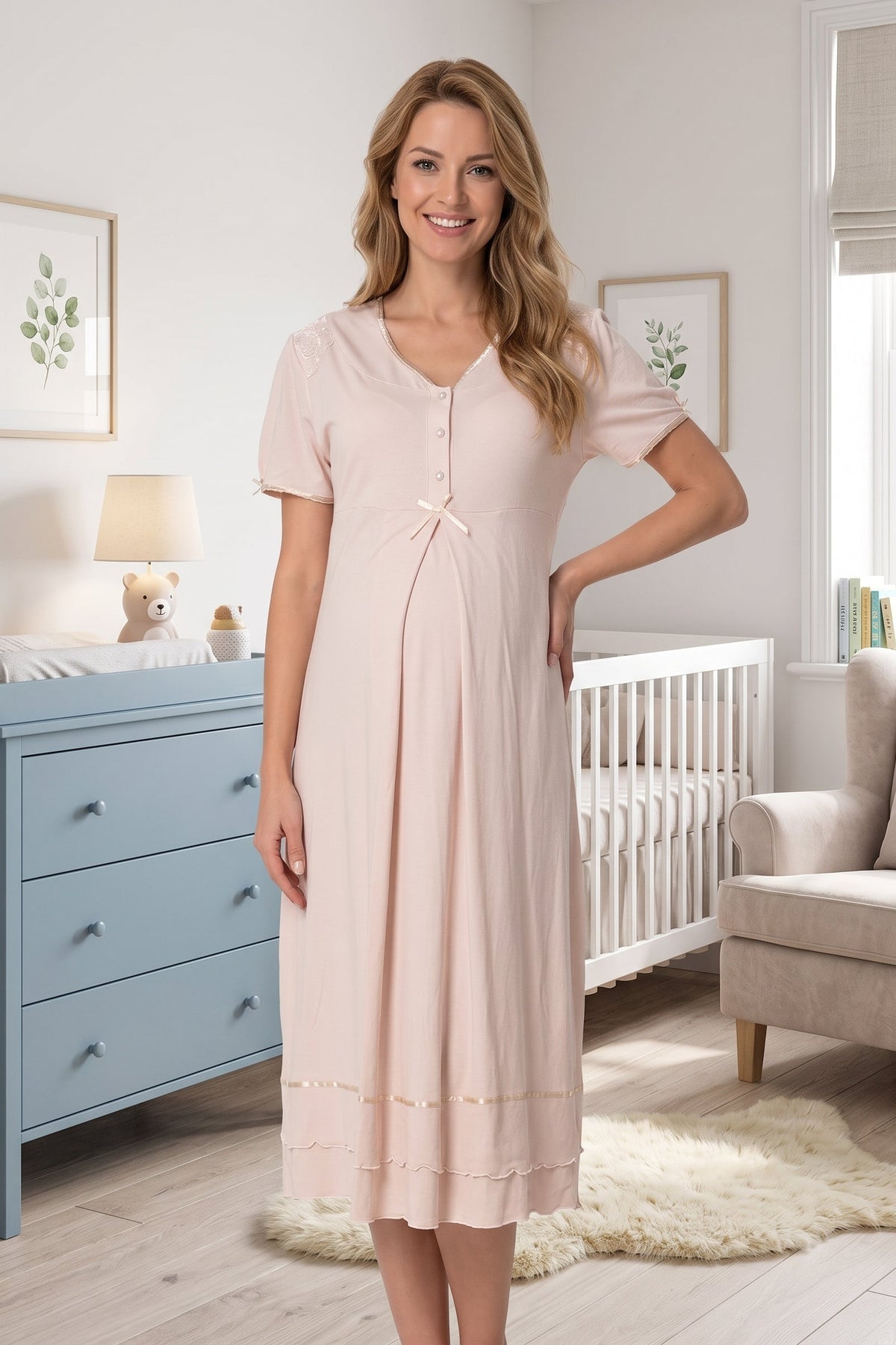 Pleated Embroidery Maternity Feeding-Friendly Nightgown Mink - T8023
